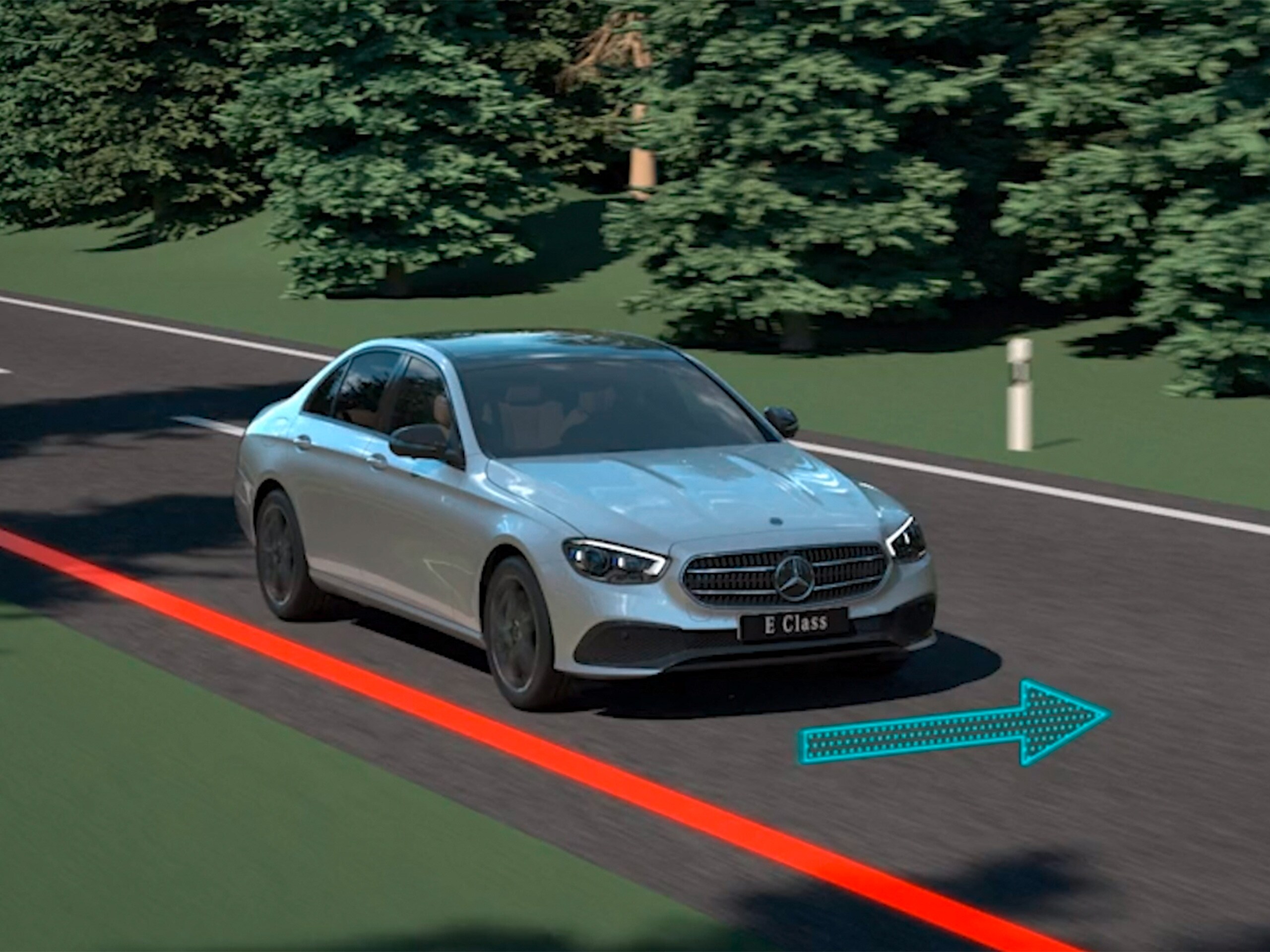 The video shows the function of Active Steering Assist in the Mercedes-Benz CLS Coupé.